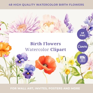 Ensemble de 48 fleurs pour le mois de naissance, ensemble de fleurs PNG aquarelle, kit de fleurs pour le mois de naissance, ensemble de cliparts aquarelle pour l'anniversaire de la Saint-Valentin