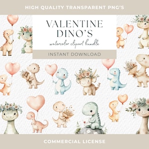 Clipart de dinosaurios de San Valentín, acuarela, lindo, neutro, dinosaurio, amor, PNG, bebé, guardería, preescolar, bohemio, ilustración de dinosaurio, pegatinas digitales