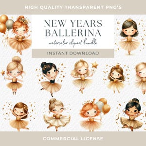 Nieuwjaar aquarel ballerina meisje clipart 11 PNG gouden glitters clipart ballet meisjes in Tutu jurk baby PNG kwekerij decor commercieel gebruik