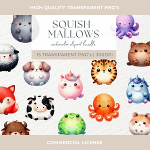 Watercolor Squishmallow Animals PNG Clipart Cricut Designs Bundle Images on Transparent Background Sublimation Design for Cricut Birthday