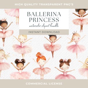 Clipart di ragazza ballerina rosa carina 11 PNG Acquerello principessa tutù di balletto vestito bambino PNG arredamento per la cameretta cigno sublimazione afroamericano