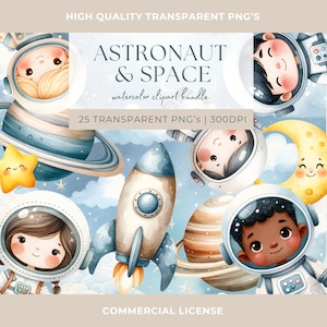Astronaut Aquarell Clipart Weltraum Pflanzen Clip Art Süße Astronaut Mond Sterne Planeten Rakete Bundle Instant Download Kinderzimmer Dekor