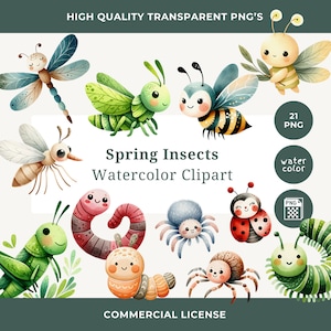 Ensemble de cliparts aquarelle printemps insectes insectes araignée papillon chenille Clip Art téléchargement immédiat insecte art fourmi Portrait 21 PNG
