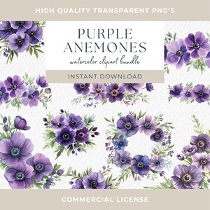 Fioletowy kwiatowy clipart Liliowe anemony Akwarela Fioletowe kwiaty wiosenne Ramki Obramowania Clip art Premade Clipart Zaproszenia ślubne png