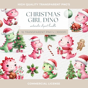ピンクのクリスマス恐竜水彩クリップアート画像女の子子供幼児クリスマス恐竜グリーン水彩デジタルペーパークラフト動物バンドルオーナメント