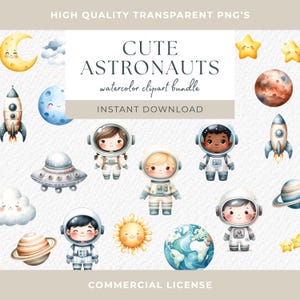Carino astronauta acquerello clipart spazio piante clipart carino astronauta luna stelle pianeti razzo bundle download immediato arredamento vivaio