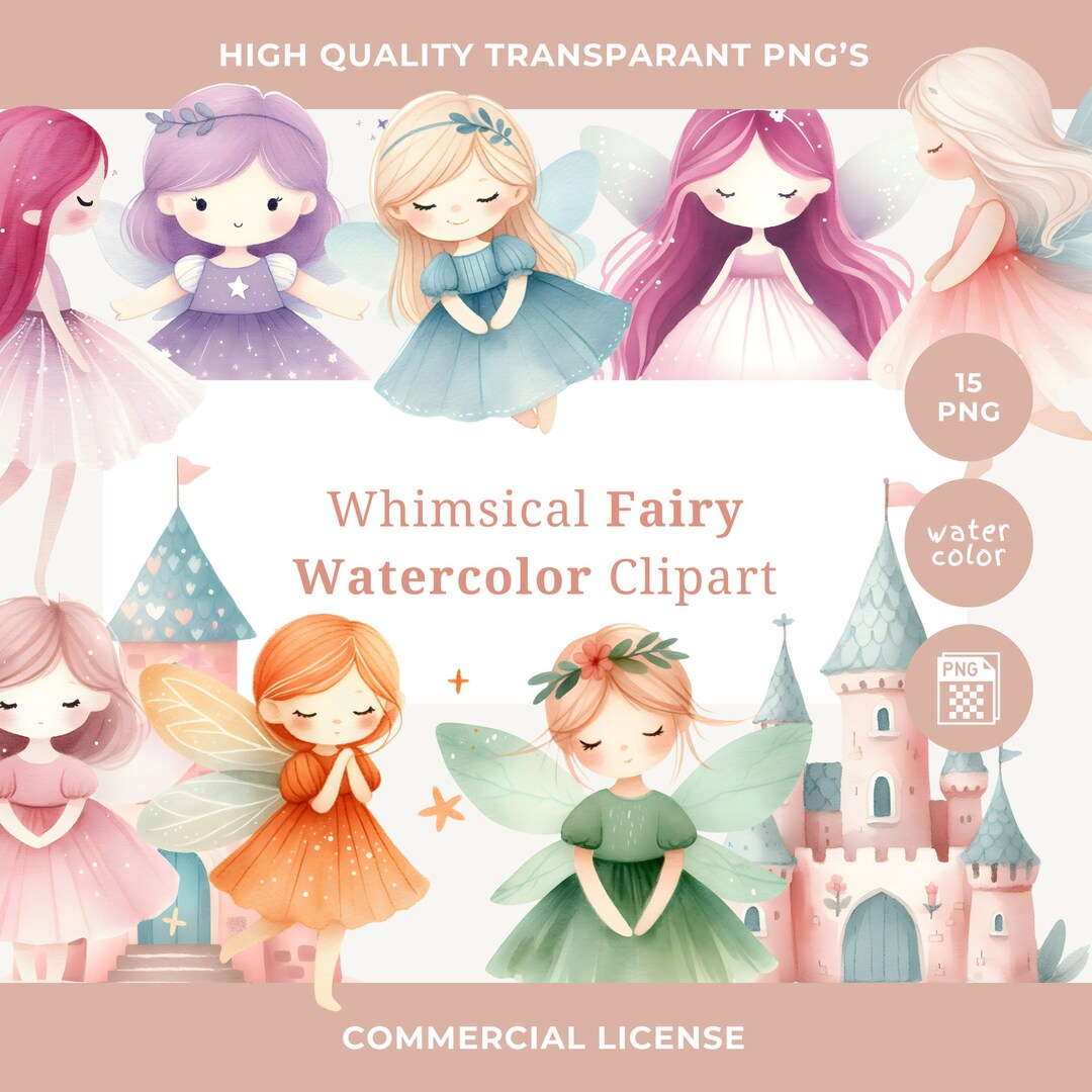 Magical Pink Fairy Garden Clipart, Fairies Birthday Watercolor Stickers ...