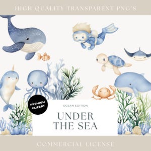 Bundle de cliparts baby shower sous la mer Décoration aquarelle pour chambre de bébé Chambre d'enfant océan Impressions nautiques Baleine Tortue Dauphin