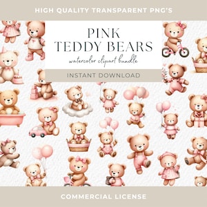 Rosa Teddybär Clipart, Bär mit Luftballons PNG, schläfriger Bär PNG, Mädchen-Baby-Dusche Clipart, Kinderzimmer Teddybär, Aquarell Süßer Bär Clipart