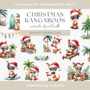 Aussie Summer Christmas Clipart aquarelle animaux kangourou Santa Beach Téléchargement instantané Sublimation Australie Noël PNG Sublimation Bundle