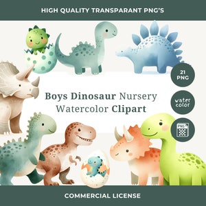 Süße Dino Aquarell Clipart Jungen T-rex Kinderzimmer Dekor Clip Art Dinosaurier Kinder Geburtstag Party Dekoration PNG's Babyshower Aquarell Bilder