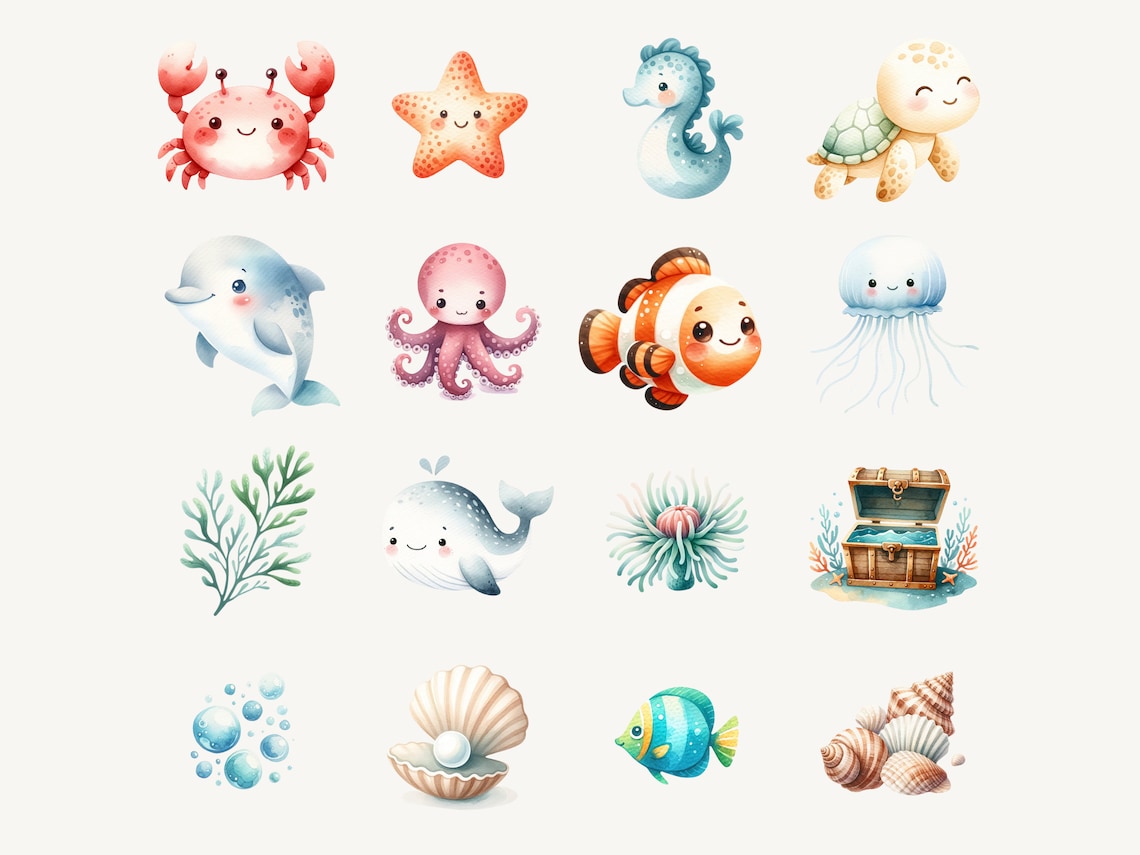 Cute Under the Sea Animals Watercolor Clip Art Bundle Undersea Clipart ...