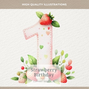Clipart aquarelle petits fruits, fraises et ours pour le premier anniversaire de bébé, invitations, décorations sur le thème de la fête et cartes, animaux mignons