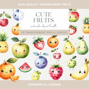Frutas Kawaii Iconos de frutas lindas Descarga instantánea Pegatinas de frutas felices PNG transparente para uso comercial Clipart de frutas lindas Cereza Naranja