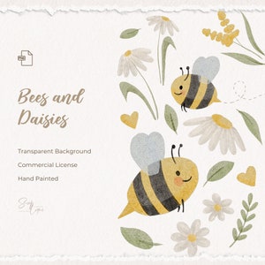 Boho Biene und Gänseblümchen Clipart Hallo Frühling Clip Art handgemaltes Aquarell Geschenk für Mama Sommer Blumen für Scrapbooking Karton oder Einladung