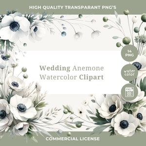 Pacchetto di clipart di anemoni ad acquerello con fiori da matrimonio, illustrazioni di anemoni bianchi floreali di alta qualità per un matrimonio neutro con acquarelli chic