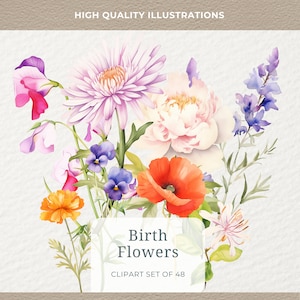 Paquete de flores para el mes de nacimiento: imágenes prediseñadas y PNG de acuarela, 48 imágenes para primavera y el día de la madre, regalos de flores hechos a mano, arreglos florales, gráficos