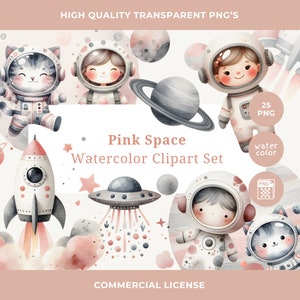 Clipart dello spazio esterno, Clipart dello spazio carino ad acquerello, Clipart della ragazza dello spazio, PNG della ragazza astronauta, Spazio pastello, Razzo sole luna stelle pianeti