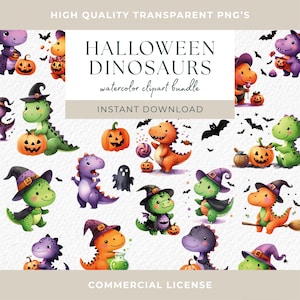 Uroczy zestaw clipartów z dinozaurami na Halloween dla dzieci Upiorny sezon Clip Art Bundle PNG Obrazy ducha dyni T-rex na koszulkę, zaproszenia i dekoracje