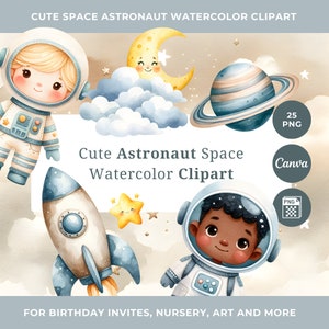 Imágenes prediseñadas de acuarela de astronauta, plantas espaciales, lindo astronauta, luna, estrellas, planetas, cohetes, paquete de descarga instantánea, decoración de guardería, imágenes prediseñadas de pared para niños