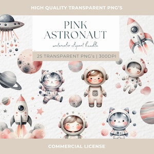 Rosa Astronaut Mädchen Katze Clipart Bundle Aquarell niedlich Digitaldruck Kinderzimmer Baby Shower Rakete Planeten Clip Art PNG