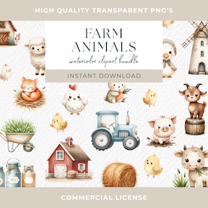 Pacchetto di clipart stampabili per vivai di animali da fattoria Illustrazioni ad acquerello in alta qualità Download digitale istantaneo 20 PNG Fattoria carina e bestiame