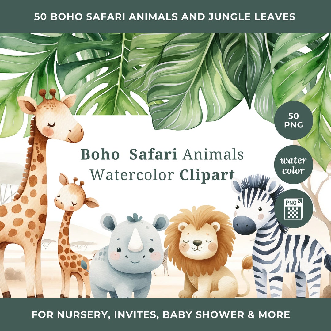 Cute Jungle Animals Clipart Safari Baby Animal PNG Watercolor Animal ...