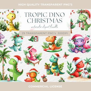 Clipart de Noël tropical Dino Noël aquarelle en juillet père Noël dinosaure palmier graphiques vacances plage côtière Images clipart père de l'été