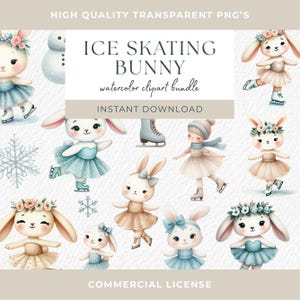 Coniglietti carini Pattinaggio sul ghiaccio Clipart Principessa invernale Abito tutù blu oro fiocchi di neve festa di pattinaggio sul ghiaccio compleanno di pattinaggio sul ghiaccio Paese delle meraviglie PNG