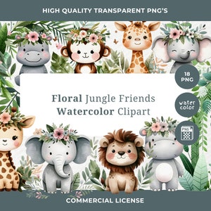 Clipart animaux safari, clipart aquarelle, bébés animaux mignons, graphiques pour baby shower, anniversaire safari, clipart scène de la jungle, verdure PNG
