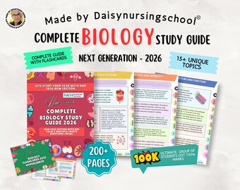 May include: A complete biology study guide with flashcards, featuring the text "COMPLETE BIOLOGY STUDY GUIDE 2026" and "NEXT GENERATION - 2026". The guide includes over 200 pages and covers 15+ unique topics. The guide is from Daisy Nursing School.