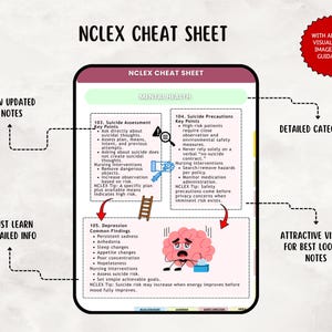 May include: An NCLEX cheat sheet study guide featuring mental health notes, suicide assessment key points, and depression findings. The document includes a pink brain illustration, a ladder icon, and text labels highlighting new updated notes, detailed categories, and attractive visuals for guidance.
