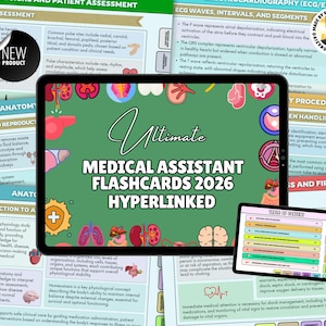 Può includere: Un set di flashcard digitali per assistente medico 2026, visualizzato su un tablet. Lo schermo mostra il titolo "Ultimate Medical Assistant Flashcards 2026 Hyperlinked" con illustrazioni mediche. Un tablet più piccolo mostra un sommario.