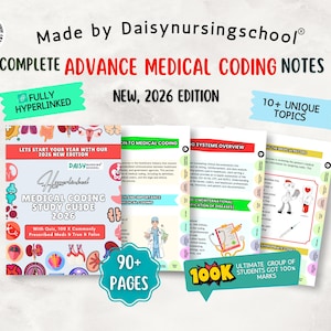 May include: A collection of medical coding study guides and notes. The main guide is titled "Medical Coding Study Guide 2026" and includes quizzes. Additional guides cover topics like medical systems and coding. The image features text that reads "Fully Hyperlinked" and "10+ Unique Topics."