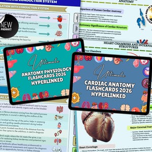 May include: Two tablets displaying anatomy flashcards. One tablet shows "Ultimate Anatomy Physiology Flashcards 2026 Hyperlinked" and the other displays "Ultimate Cardiac Anatomy Flashcards 2026 Hyperlinked". The background includes diagrams and medical information.