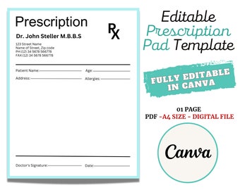 Prescription Pad Template, Medical Prescription, Prescription Design, Prescription Notepad, Doctor Prescription, Prescription Form CANVA