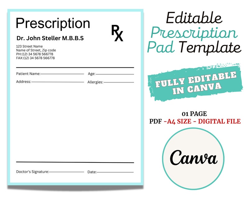 Prescription Pad Template, Medical Prescription, Prescription Design, Prescription Notepad, Doctor Prescription, Prescription Form CANVA image 1