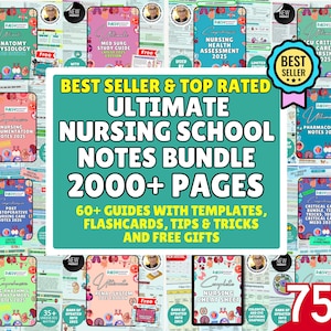 Op de afbeelding: Een bundel studieboeken en aantekeningen voor de verpleegkundige opleiding, waaronder titels als "Anatomie Fysiologie" en "Farmacologie Notities 2025". De collectie bevat meer dan 2000 pagina's, met gidsen, flashcards en tips. De tekst zegt "Best Seller & Top Rated Ultimate Nursing School Notes Bundle."