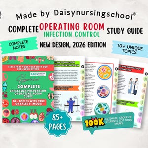 May include: A study guide for "Complete Operating Room Infection Control" with the text "New Design, 2026 Edition." It includes "Complete Notes" and "10+ Unique Topics." The cover is green and features medical illustrations and diagrams.