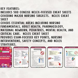 May include: A set of 500 nursing cheat sheets featuring text that covers fundamentals, adult health, pharmacology, maternal newborn, pediatrics, mental health, and critical care. The cover is pink with medical icons and the text NCLEX CHEAT SHEET.
