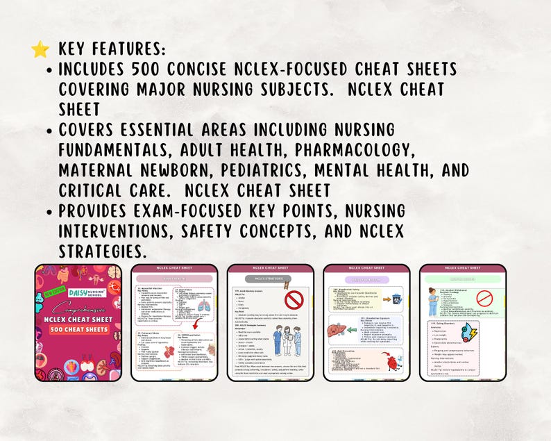 May include: A set of 500 nursing cheat sheets featuring text that covers fundamentals, adult health, pharmacology, maternal newborn, pediatrics, mental health, and critical care. The cover is pink with medical icons and the text NCLEX CHEAT SHEET.