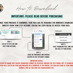 以下が含まれることがあります： 「How to Download」と「Important: Please Read Before Purchasing」のテキストが入った説明図。 Etsyからファイルをダウンロードする手順を示しており、ログインやファイルの保存などが含まれています。