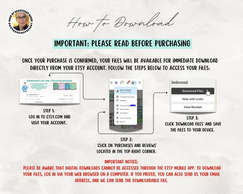 以下が含まれることがあります： 「How to Download」と「Important: Please Read Before Purchasing」のテキストが入った説明図。 Etsyからファイルをダウンロードする手順を示しており、ログインやファイルの保存などが含まれています。