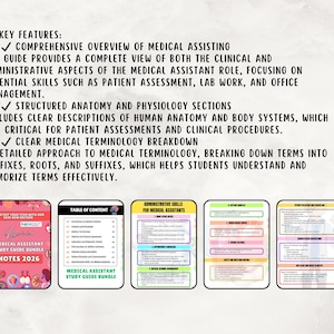 K&ouml;nnte beinhalten: Ein Studienf&uuml;hrer-Bundle f&uuml;r medizinische Fachangestellte mit dem Text "Notes 2026" und "Key Features". Der Leitfaden bietet einen umfassenden &Uuml;berblick &uuml;ber medizinische Assistenz, Anatomie, Physiologie und medizinische Terminologie.