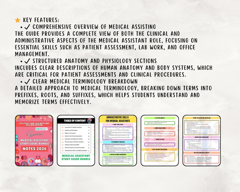 K&ouml;nnte beinhalten: Ein Studienf&uuml;hrer-Bundle f&uuml;r medizinische Fachangestellte mit dem Text "Notes 2026" und "Key Features". Der Leitfaden bietet einen umfassenden &Uuml;berblick &uuml;ber medizinische Assistenz, Anatomie, Physiologie und medizinische Terminologie.