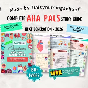 Op de afbeelding: Een uitgebreide AHA PALS-studiegids voor 2026, met meer dan 150 pagina's en meer dan 10 unieke onderwerpen. De gids bevat een quiz- en medicatiesectie. De omslag is een kleurrijk ontwerp met de tekst "Complete AHA PALS Study Guide".