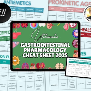 Puede incluir: Una tableta digital verde y blanca que muestra una infografía colorida titulada "Ultimate Gastrointestinal Pharmacology Cheat Sheet 2025". La infografía presenta ilustraciones del sistema digestivo y enumera varios medicamentos utilizados para tratar afecciones gastrointestinales.
