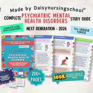 May include: A study guide for psychiatric mental health disorders. The guide includes flashcards and covers over 15 topics. The cover is turquoise with the text "Psychiatric Mental Health Disorder" and "Next Generation - 2026".