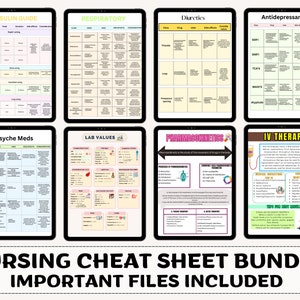 May include: A set of eight digital cheat sheets for nursing students. The cheat sheets cover topics such as insulin, respiratory, diuretics, antidepressants, psyche meds, lab values, pharmacokinetics, and IV therapy.