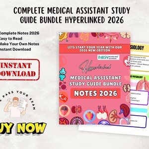 K&ouml;nnte beinhalten: Ein pinkfarbenes Medical Assistant Study Guide Bundle mit dem Text "Notes 2026" und "Hyperlinked". Das Bild enth&auml;lt auch den Text "Instant Download" und "Buy Now". Der Leitfaden ist f&uuml;r die Ausgabe 2026.